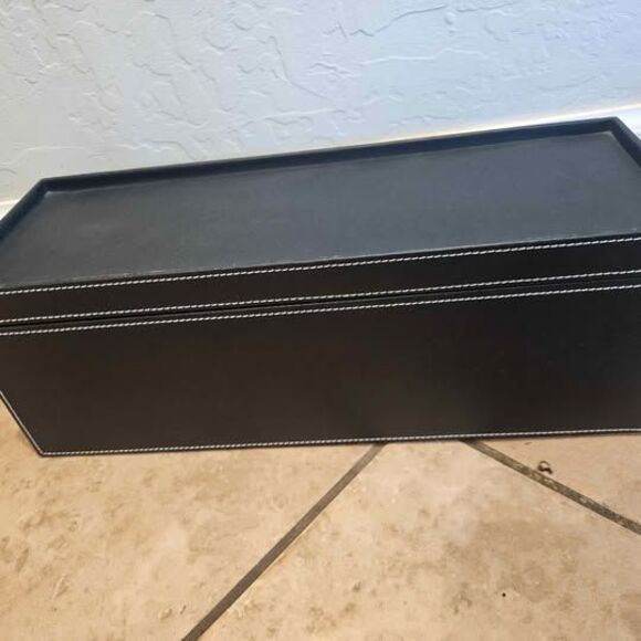 Black Stitched Leather Cord Management Box Desk Organization 15" x 6" x 6" - Picture 3 of 3